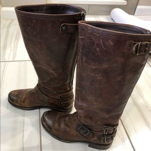 FRYE Long Veronica Back Zip Boot |  Dark Brown Antique Leather | Size 8